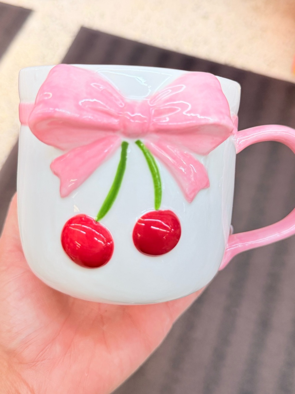 Pink Bow Cherry Mug - Cute Ceramic Cup